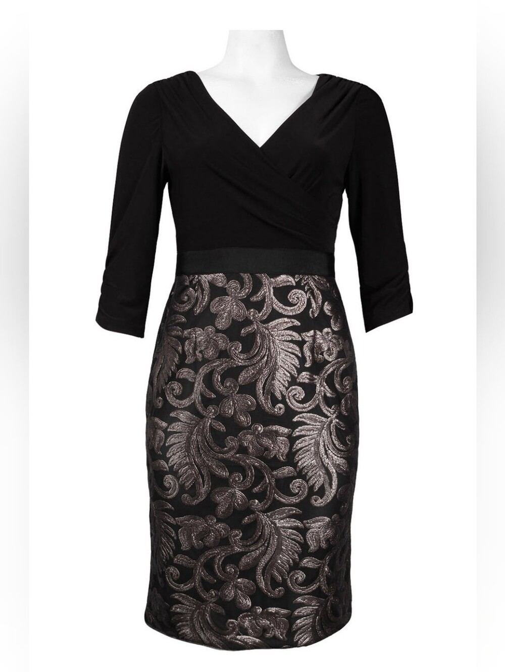 Adrianna Papell Black Top with Silver Brocade Pencil Dress - Picture 2 of 4